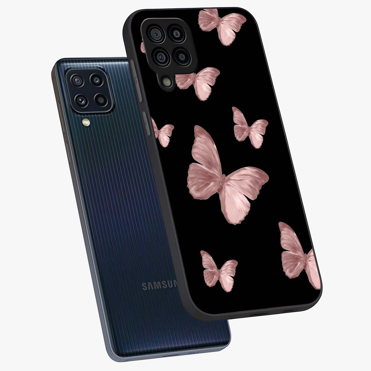 Butterfly Pattern Glass Case displayed in angled mockup highlighting delicate butterfly design and aesthetic pattern style.