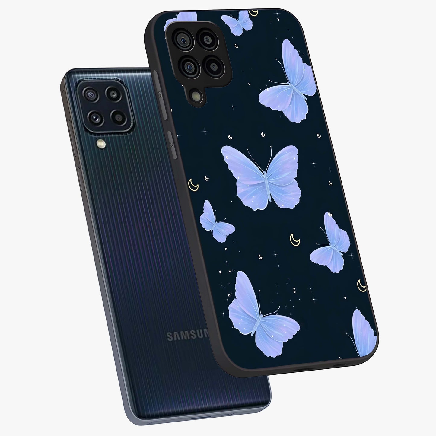 Butterfly With Stars Pattern Glass Case displayed in angled mockup highlighting dreamy butterfly and star design with aesthetic theme.
