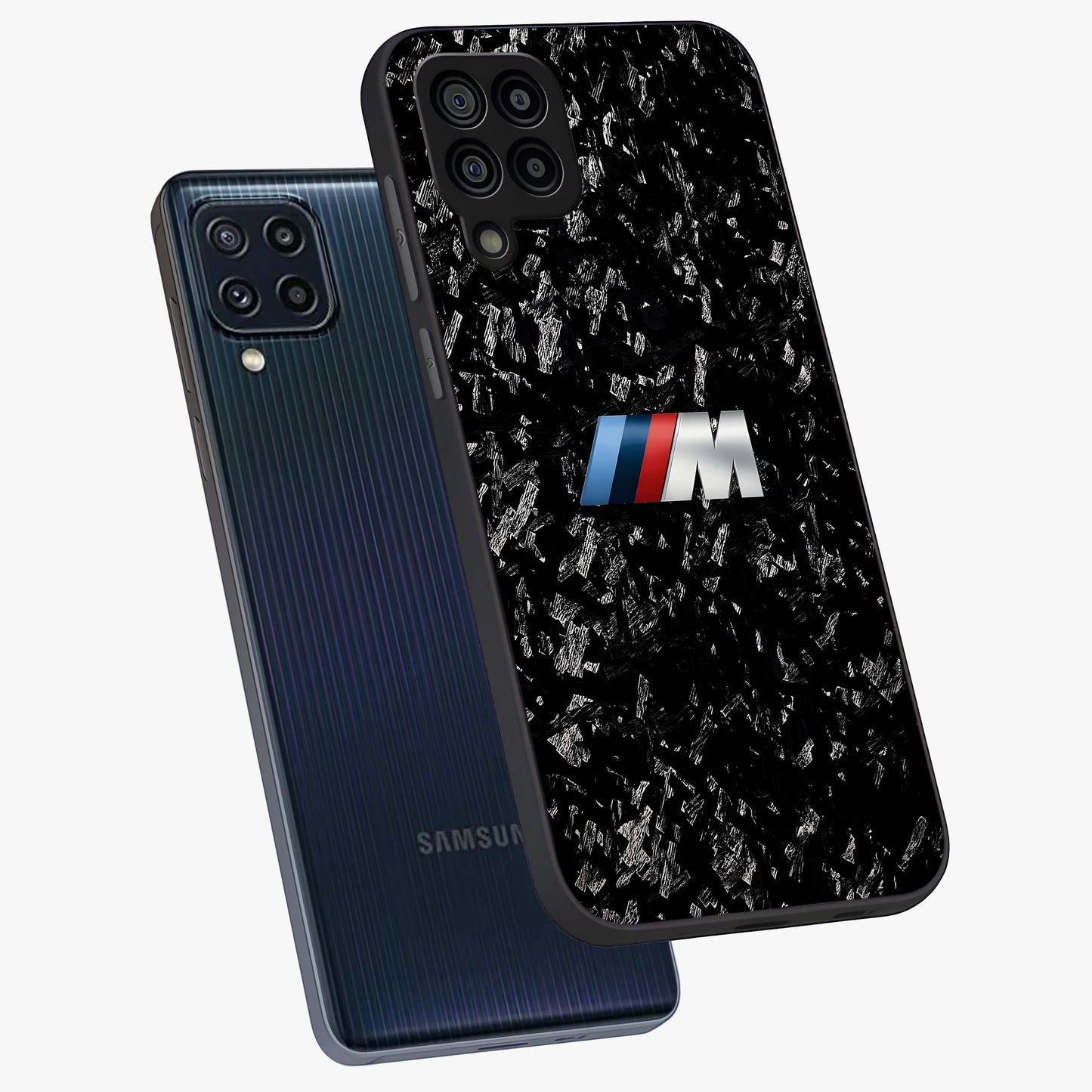 Carbon Speed Mark Glass Case displayed in angled mockup highlighting racing inspired carbon design and sleek aesthetic style.