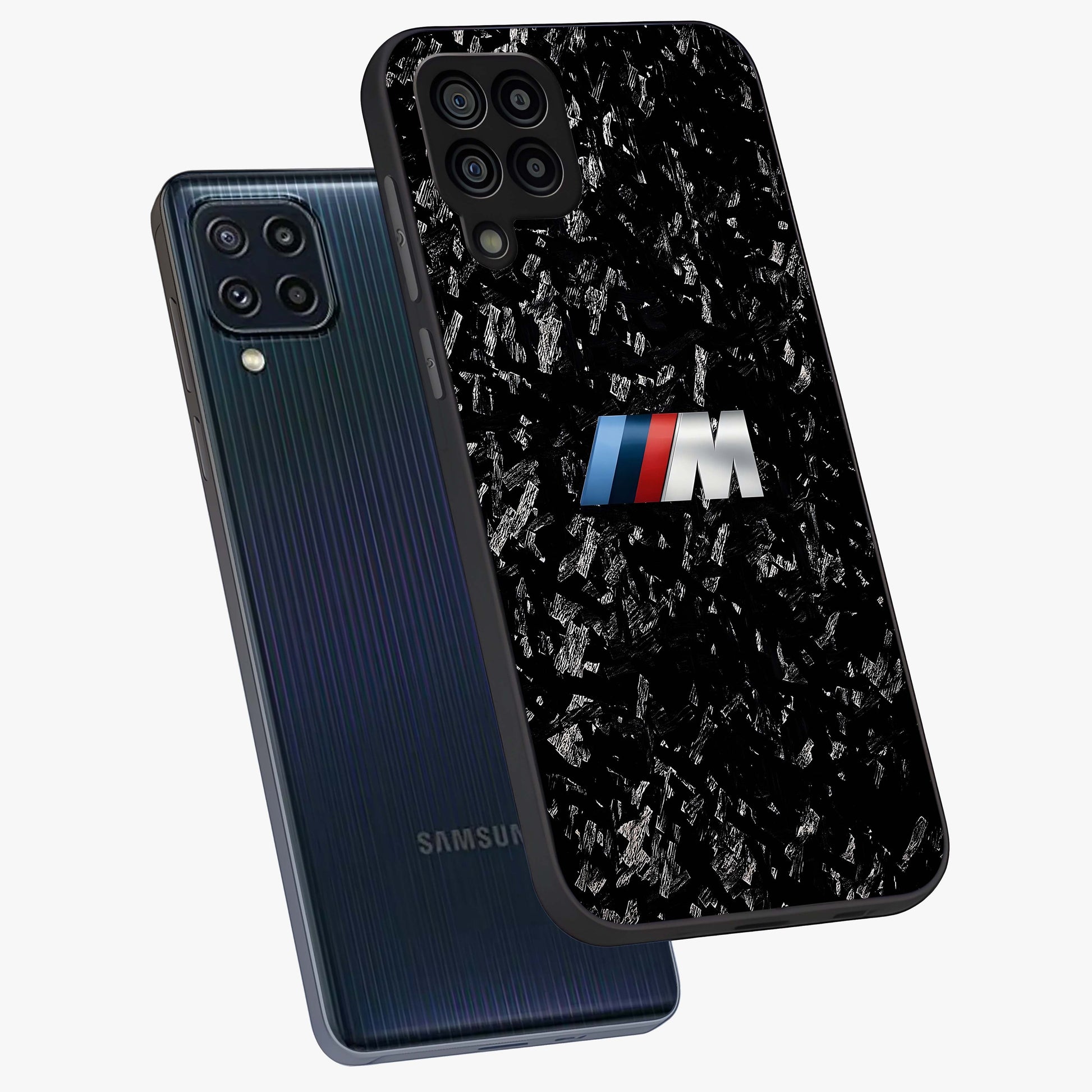 Carbon Speed Mark Glass Case displayed in angled mockup highlighting racing inspired carbon design and sleek aesthetic style.