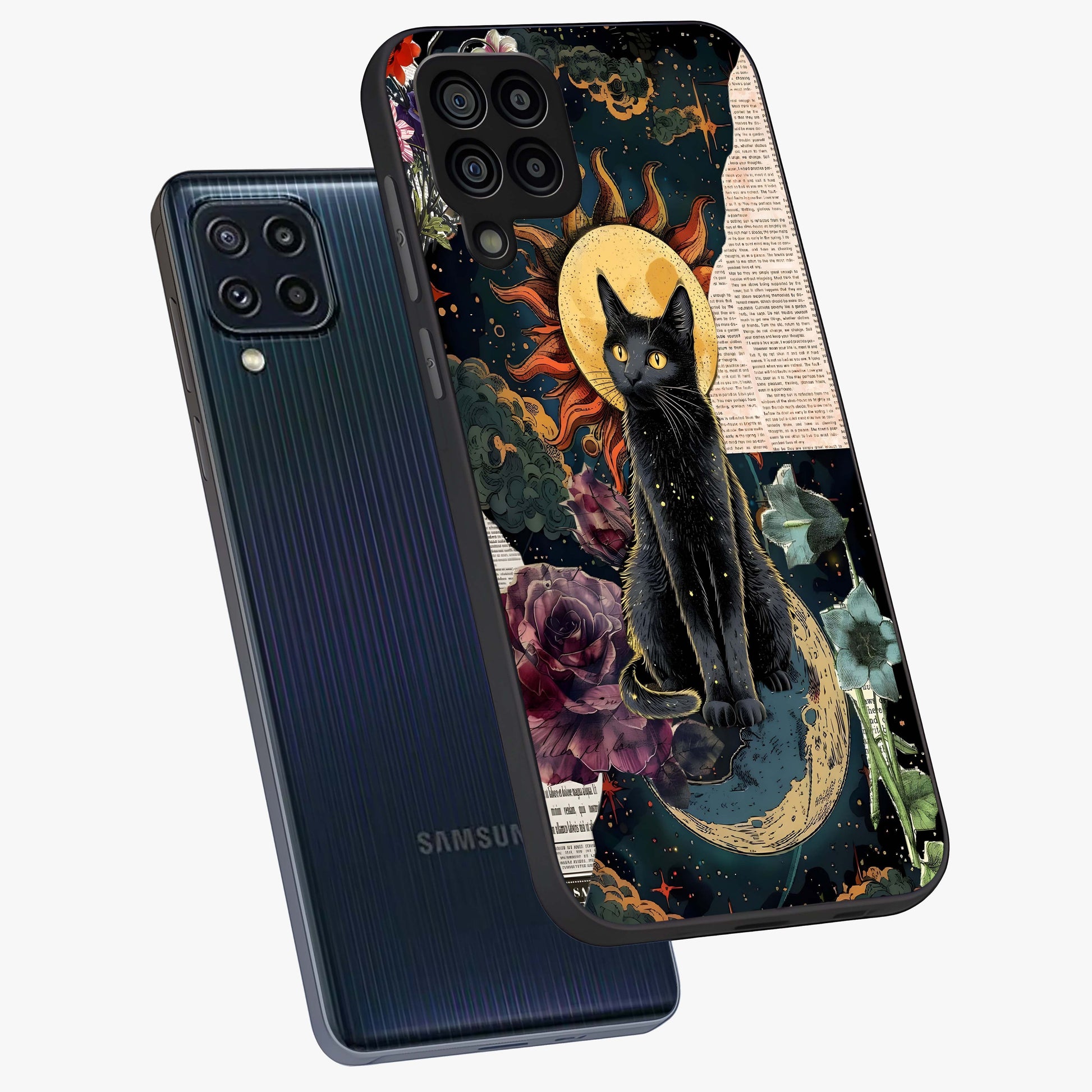 Celestial Black Cat Glass Case displayed in angled mockup highlighting cosmic black cat design with celestial aesthetic.