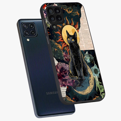 Celestial Black Cat Glass Case displayed in angled mockup highlighting cosmic black cat design with celestial aesthetic.