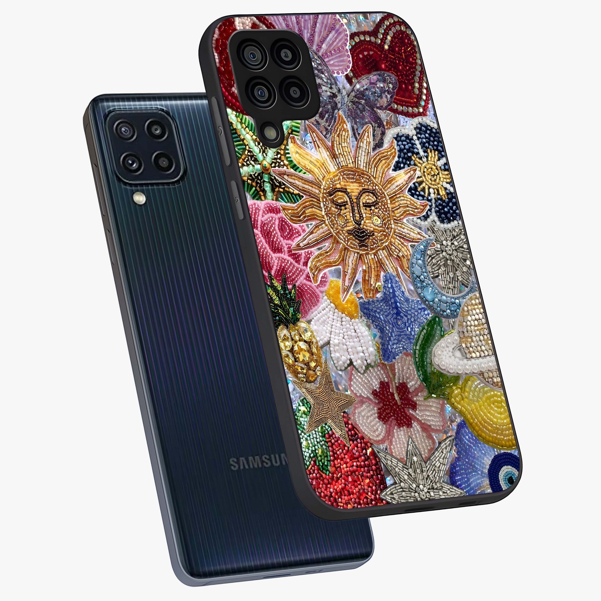 Celestial Floral and Playful Glass Case displayed in angled mockup highlighting playful floral design with dreamy celestial elements.