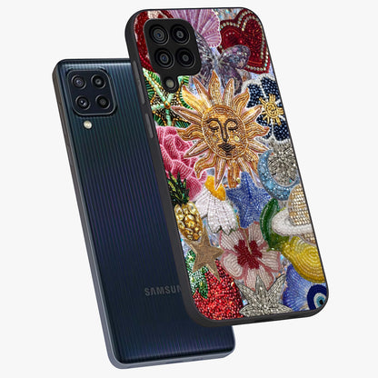 Celestial Floral and Playful Glass Case displayed in angled mockup highlighting playful floral design with dreamy celestial elements.