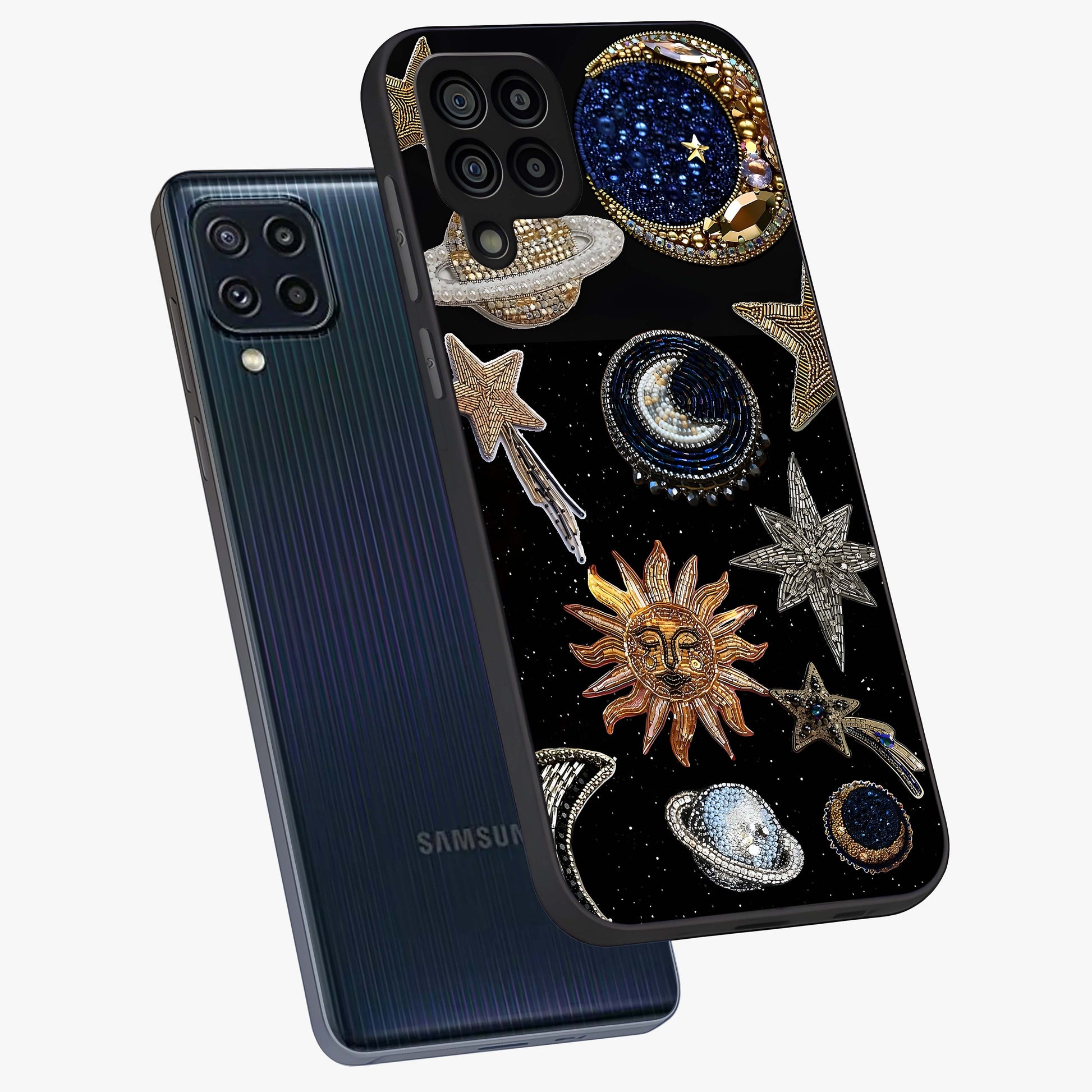 Celestial Gem Constellations Glass Case displayed in angled mockup highlighting gemstone inspired constellation design.
