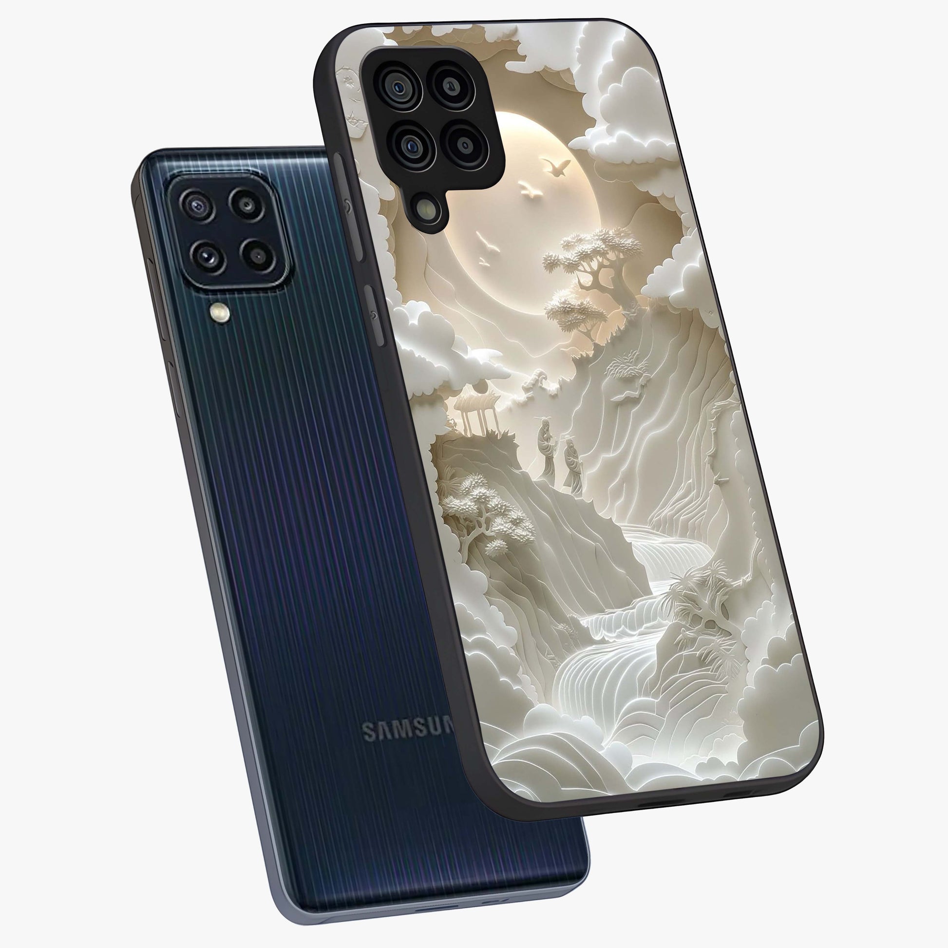 Celestial Origami Glass Case displayed in angled mockup highlighting geometric origami design with cosmic aesthetic theme.