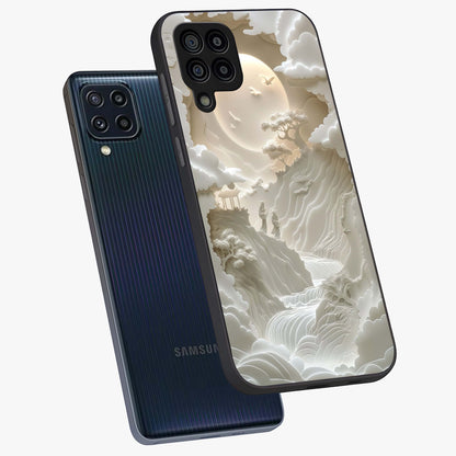 Celestial Origami Glass Case displayed in angled mockup highlighting geometric origami design with cosmic aesthetic theme.