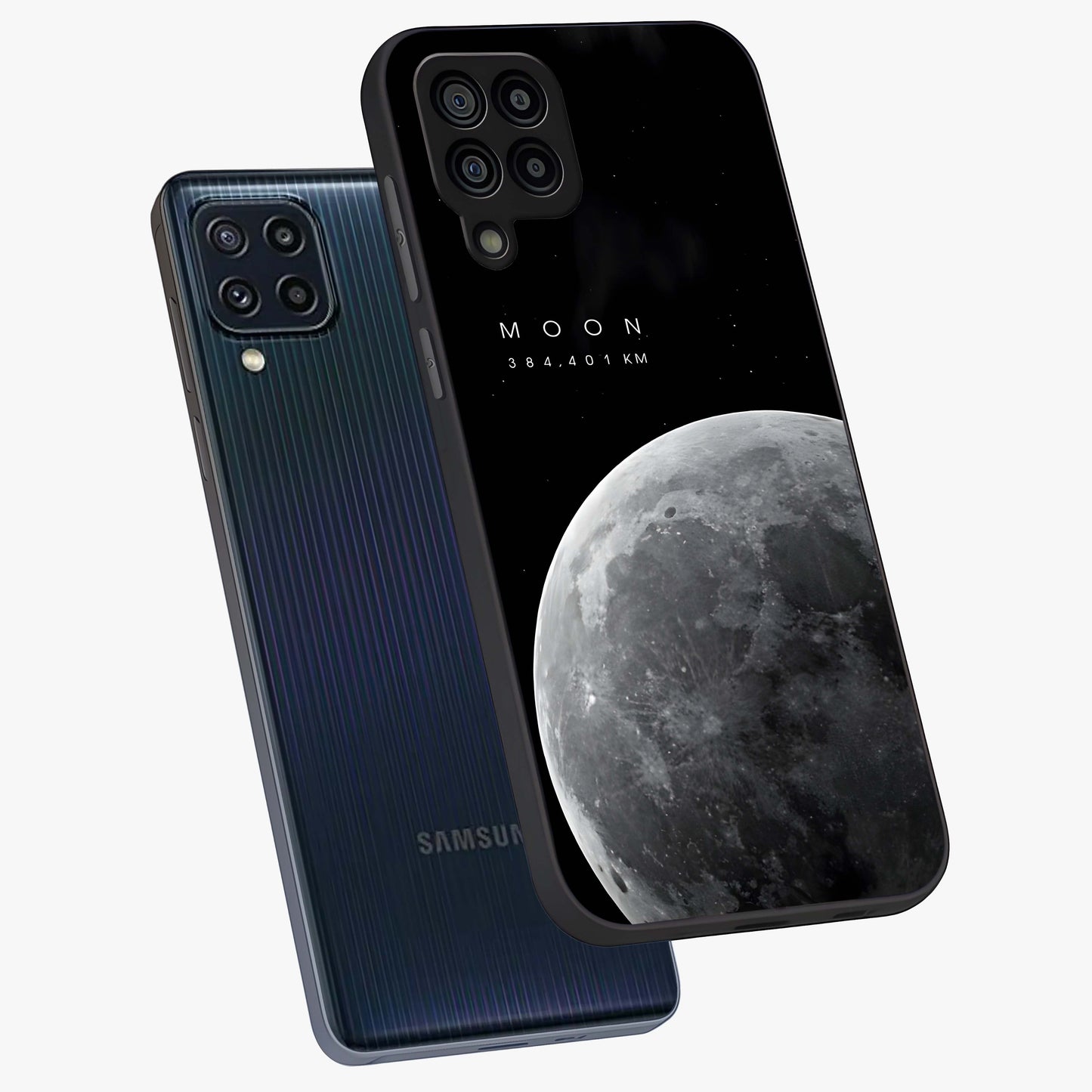 Cosmic Moon Glow Glass Case displayed in angled mockup highlighting celestial moon design with cosmic aesthetic theme.