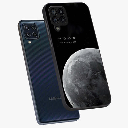 Cosmic Moon Glow Glass Case displayed in angled mockup highlighting celestial moon design with cosmic aesthetic theme.