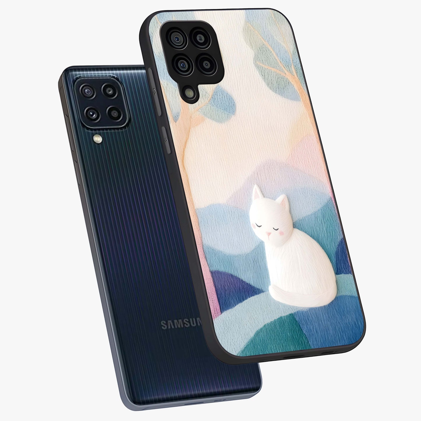 Cotton Dream Cat Glass Case displayed in angled mockup highlighting cute feline illustration with pastel aesthetic style.