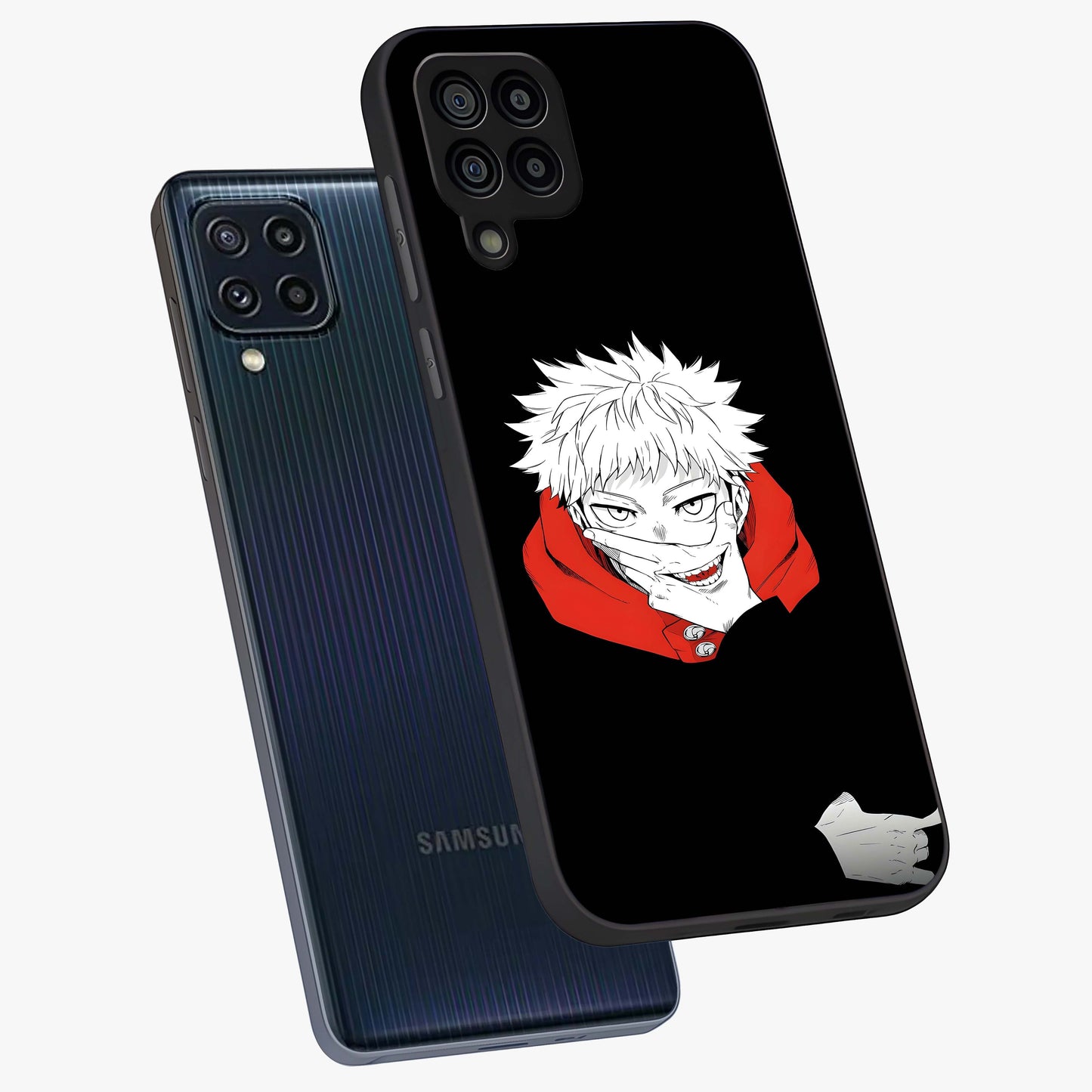 Crimson Chaos Smile Glass Case displayed in angled mockup highlighting edgy crimson smile design with graphic aesthetic.