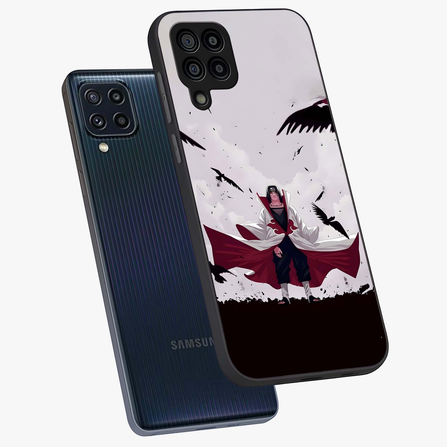 Crimson Crow Ascension Glass Case displayed in angled mockup highlighting powerful crow illustration with dark crimson aesthetic.