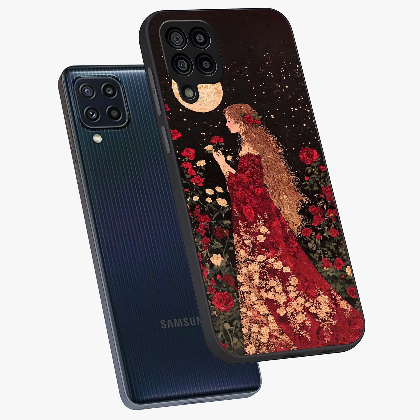 Crimson Dreams Glass Case displayed in angled mockup highlighting soft crimson aesthetic design with artistic theme.