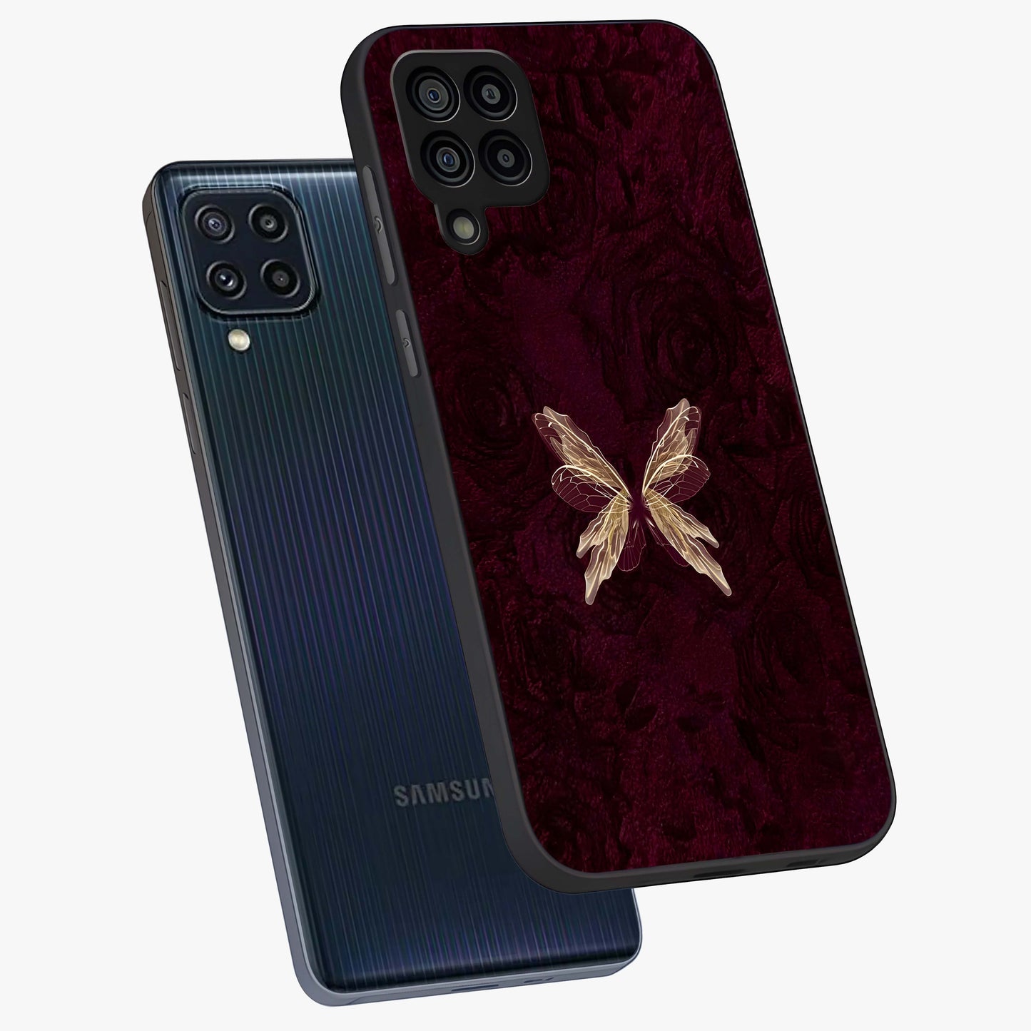 Crimson Fade Butterfly Glass Case displayed in angled mockup highlighting elegant butterfly design with crimson gradient aesthetic.