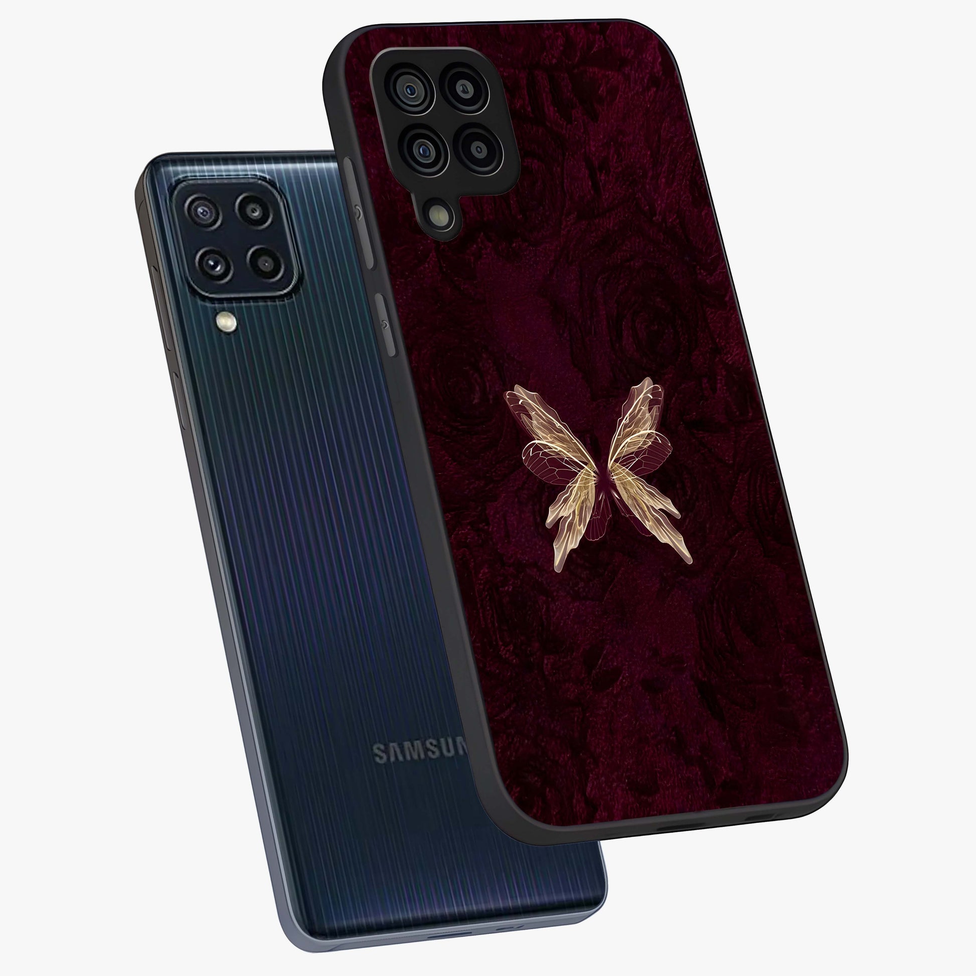 Crimson Fade Butterfly Glass Case displayed in angled mockup highlighting elegant butterfly design with crimson gradient aesthetic.
