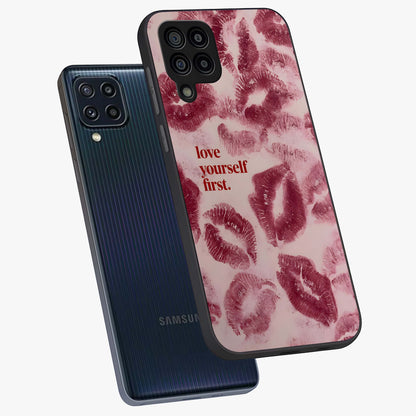 Crimson Kiss Love Glass Case displayed in angled mockup highlighting bold love inspired design with modern aesthetic style.