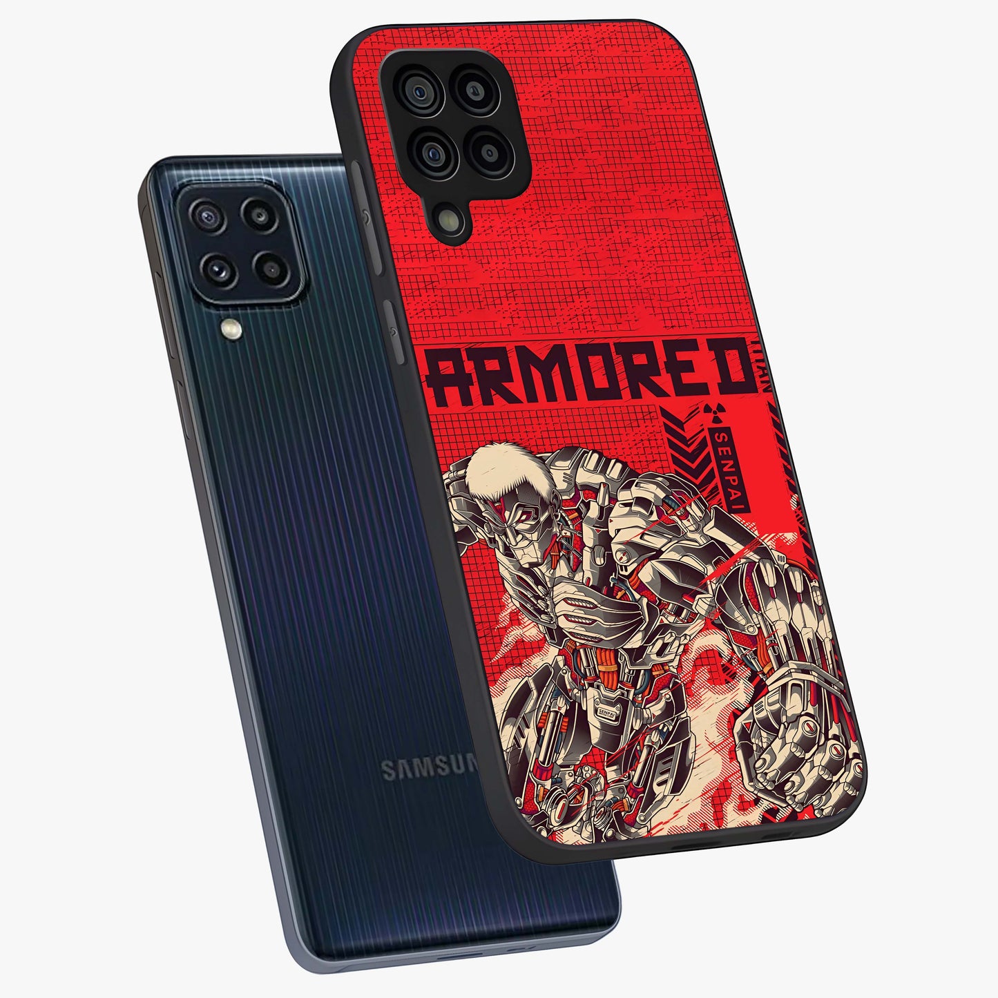 Crimson Mecha Titan Glass Case displayed in angled mockup highlighting futuristic mech illustration with bold crimson aesthetic.