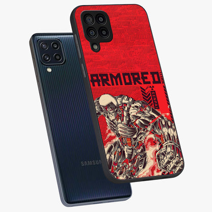 Crimson Mecha Titan Glass Case displayed in angled mockup highlighting futuristic mech illustration with bold crimson aesthetic.