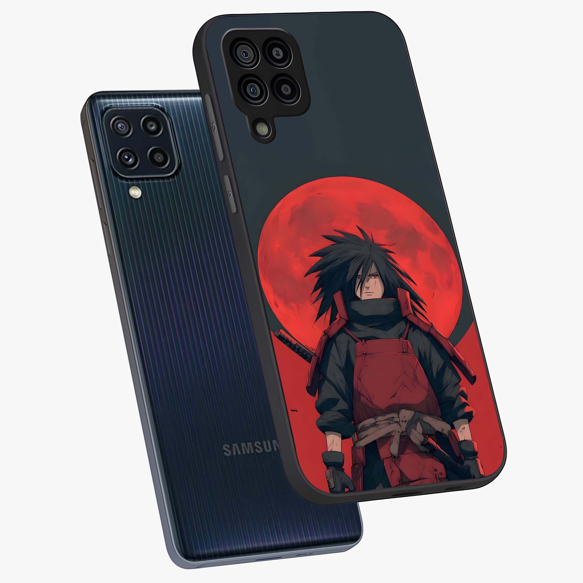 Crimson Moon Warlord Glass Case displayed in angled mockup highlighting dramatic crimson moon design with fantasy aesthetic.