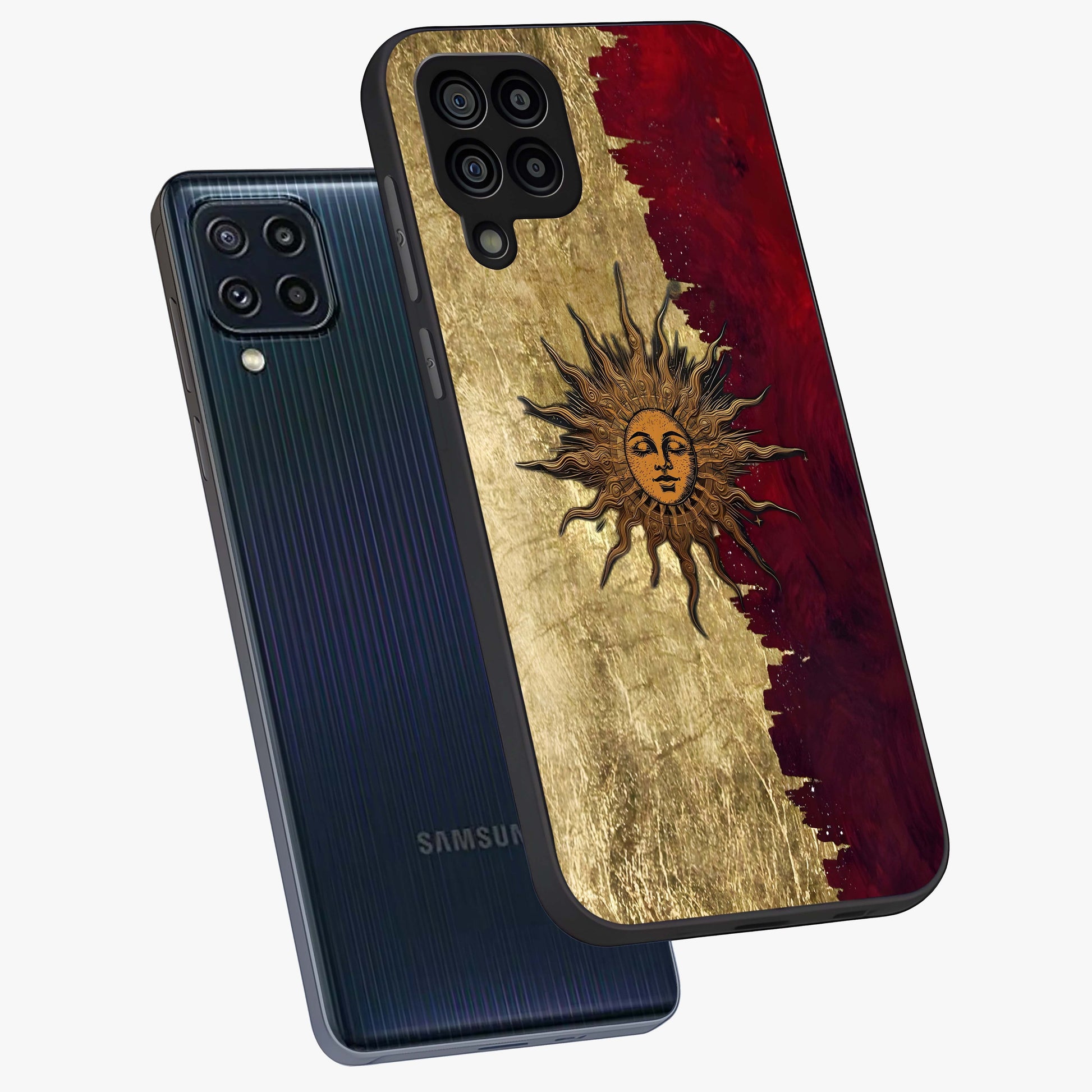 Crimson Sun Majesty Glass Case displayed in angled mockup highlighting majestic crimson sun design with bold aesthetic style.
