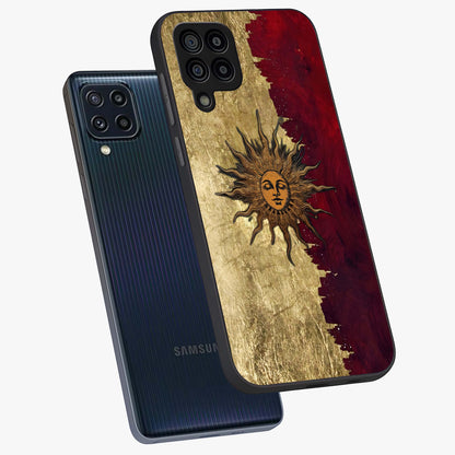 Crimson Sun Majesty Glass Case displayed in angled mockup highlighting majestic crimson sun design with bold aesthetic style.