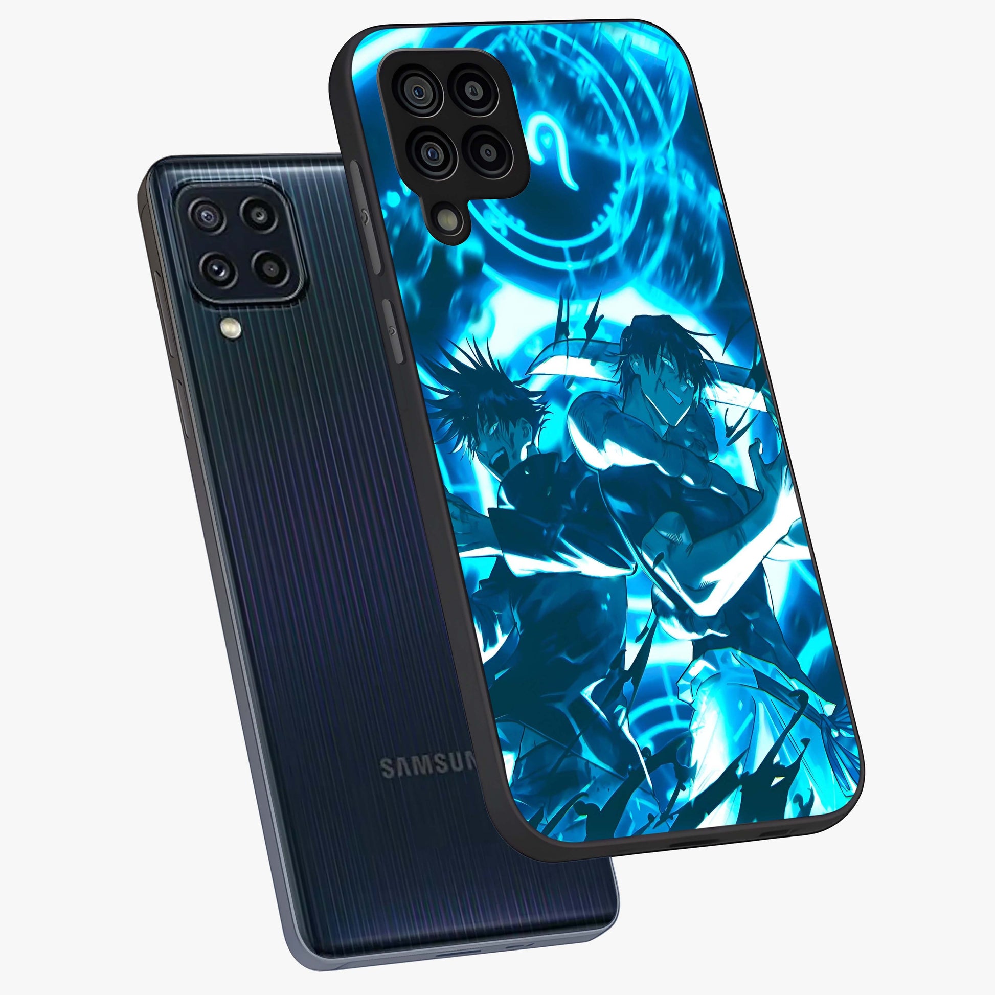 Cursed Energy Clash Glass Case displayed in angled mockup highlighting powerful battle inspired graphic with anime style aesthetic.