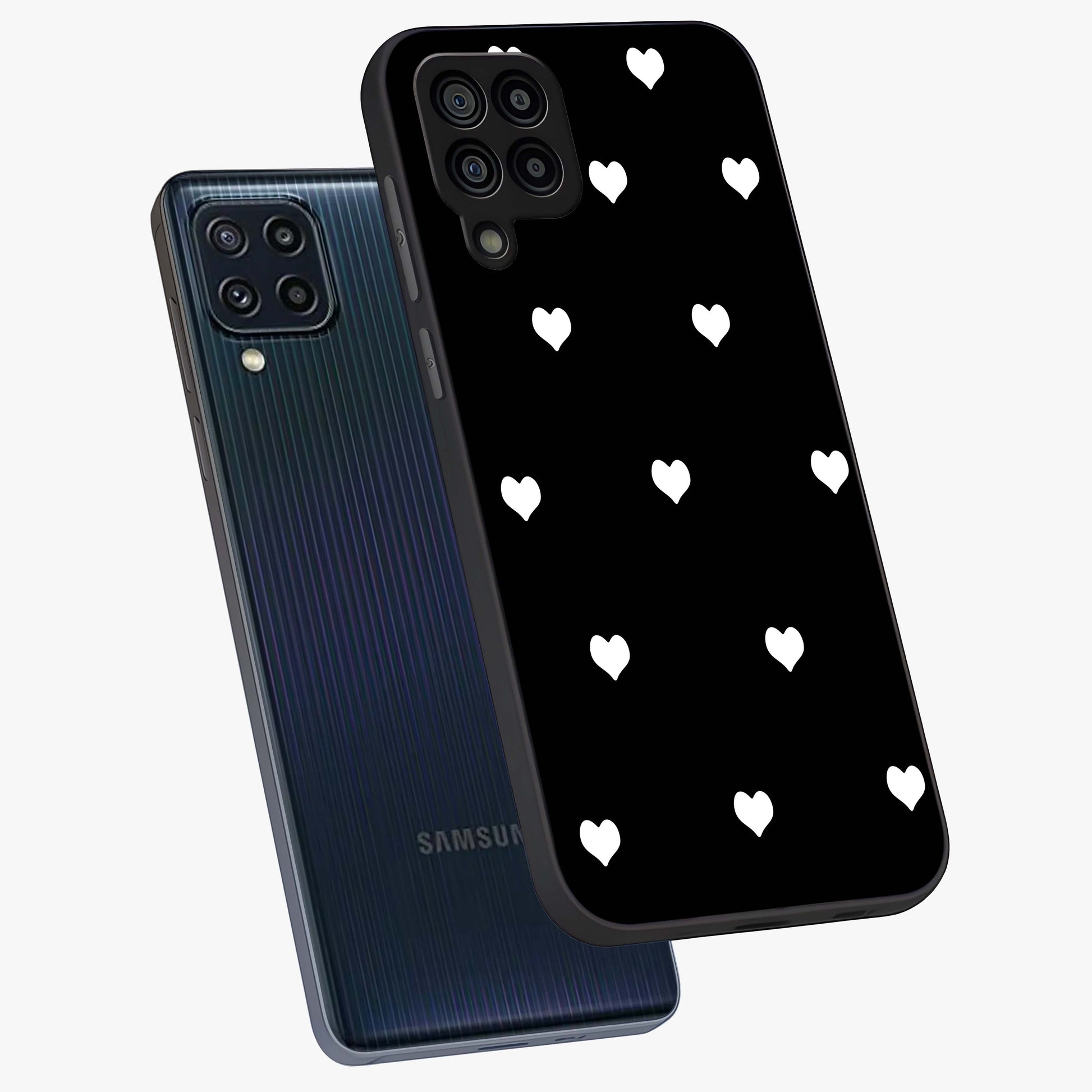 Cute And Simple White Hearts Glass Case displayed in angled mockup highlighting cute heart design with clean aesthetic style.