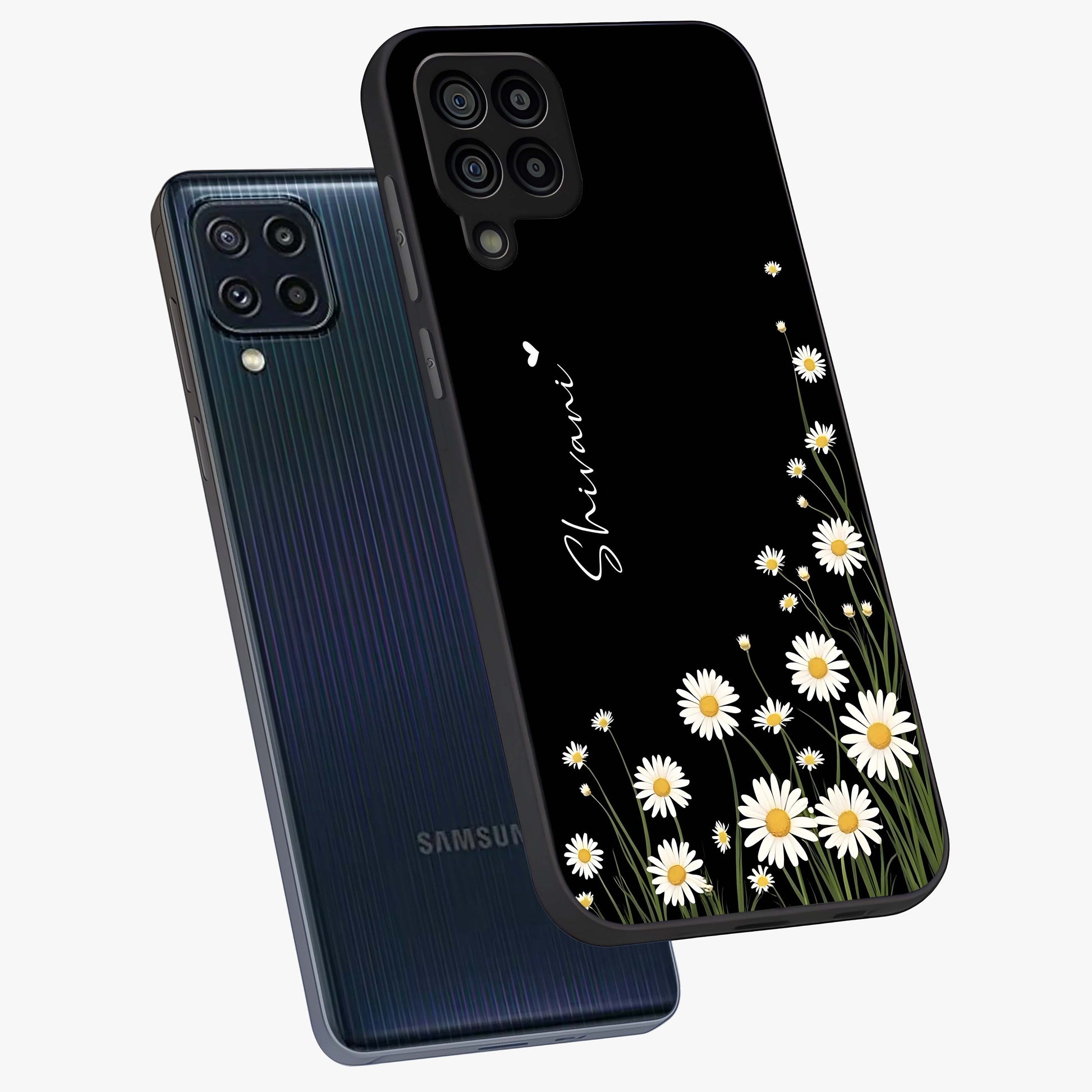 Daisy Cascade Custom Name Glass Case displayed in angled mockup highlighting delicate daisy artwork with custom name feature.