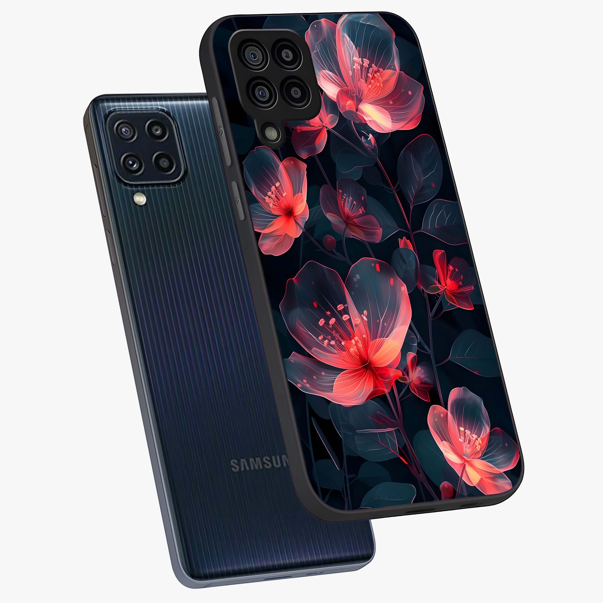 Dark Shade of Flower Glass Case displayed in angled mockup highlighting moody floral illustration with aesthetic dark tones.