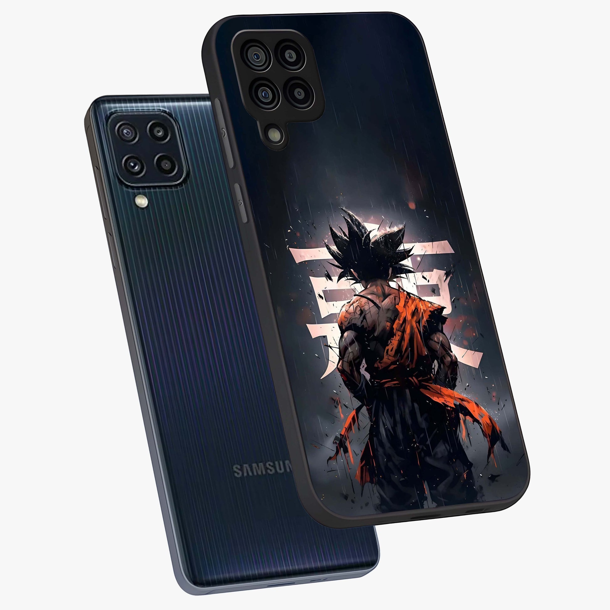 Dark Warrior In Rain Glass Case displayed in angled mockup highlighting dramatic warrior illustration with dark rain aesthetic.