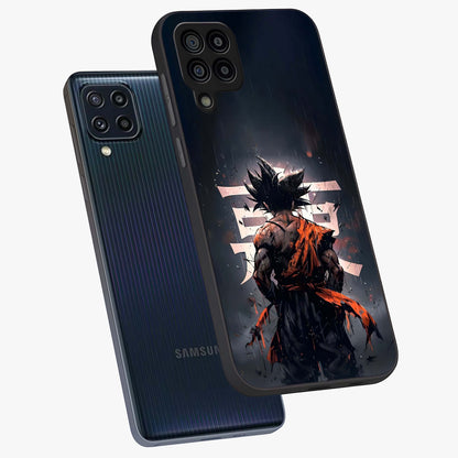 Dark Warrior In Rain Glass Case displayed in angled mockup highlighting dramatic warrior illustration with dark rain aesthetic.