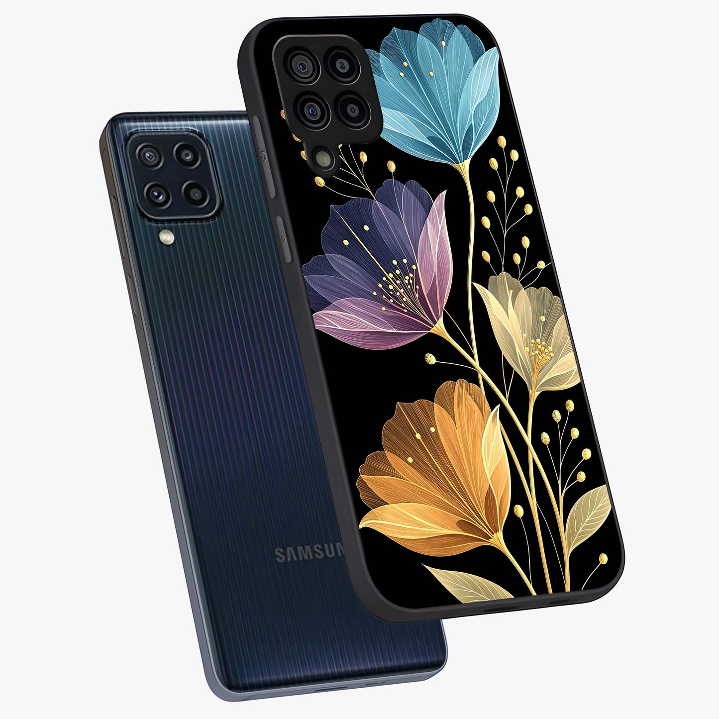 Delicate Multicolor Flowers Glass Case displayed in angled mockup highlighting colorful flower pattern with soft aesthetic style.