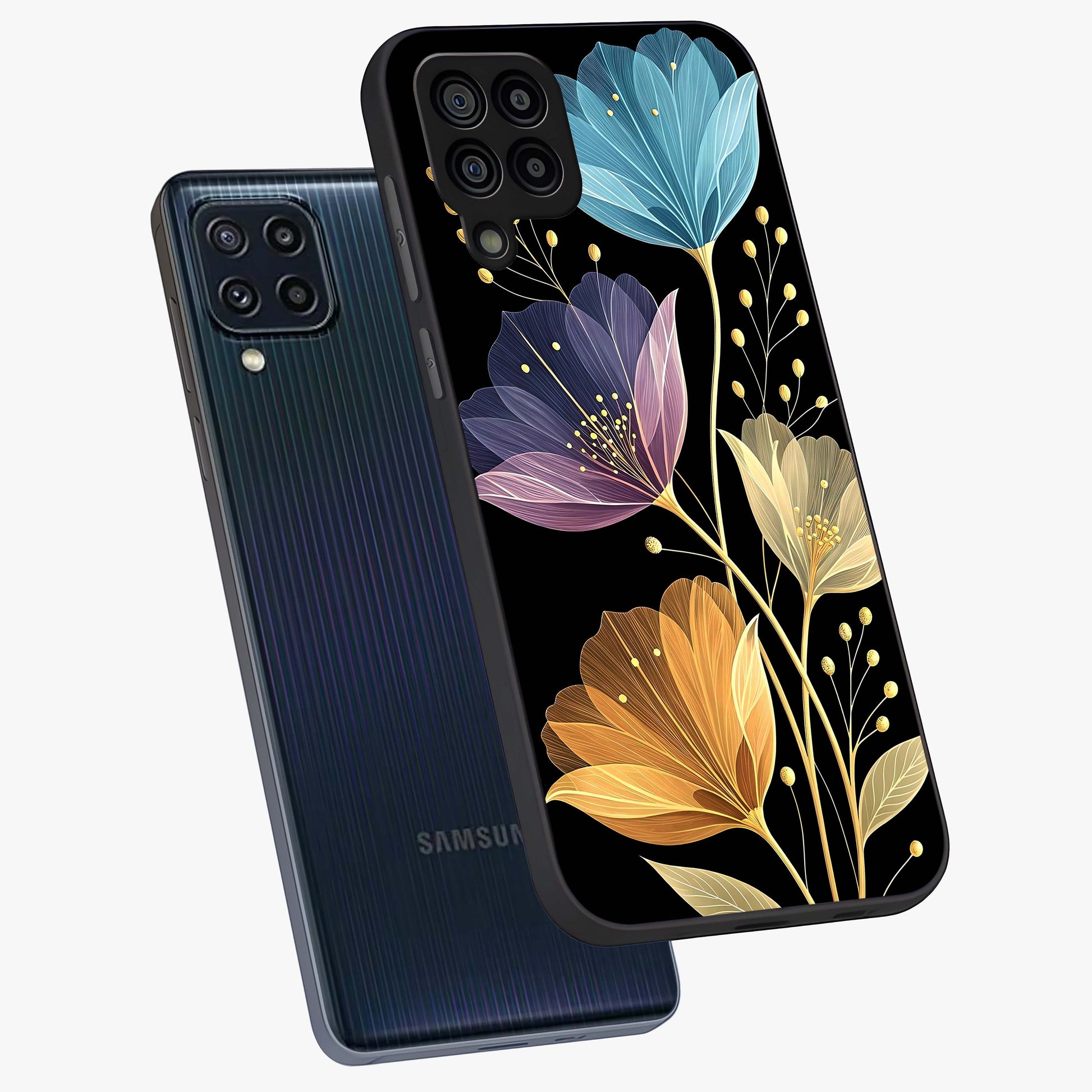 Delicate Multicolor Flowers Glass Case displayed in angled mockup highlighting colorful flower pattern with soft aesthetic style.
