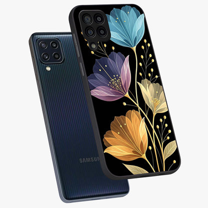 Delicate Multicolor Flowers Glass Case displayed in angled mockup highlighting colorful flower pattern with soft aesthetic style.