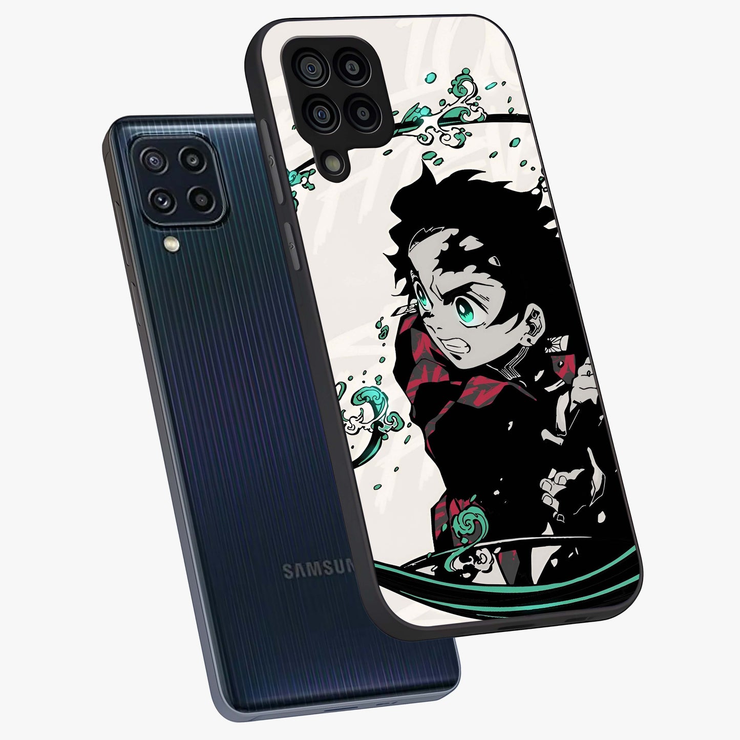 Demon Slayer Glass Case displayed in angled mockup highlighting dramatic anime character design with action aesthetic.