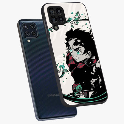 Demon Slayer Glass Case displayed in angled mockup highlighting dramatic anime character design with action aesthetic.