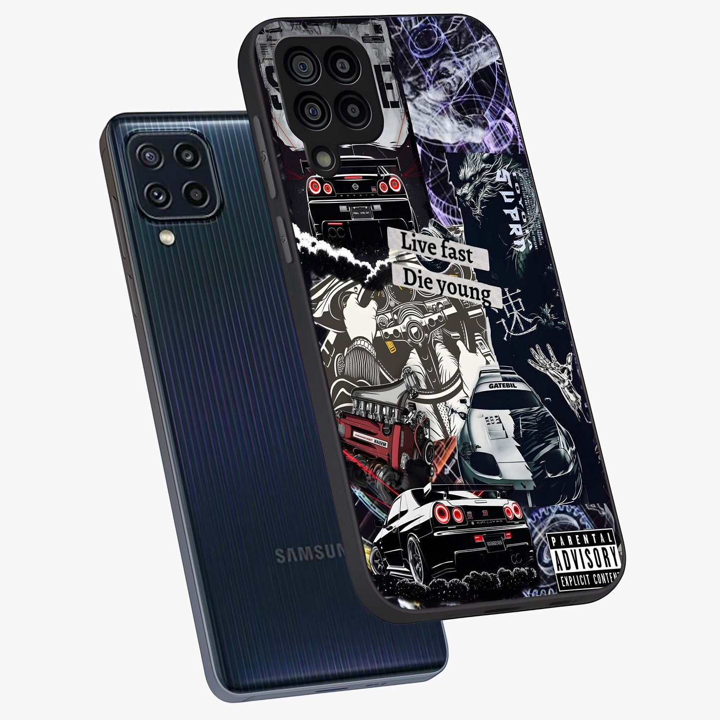 Die Young Glass Case displayed in angled mockup highlighting expressive graphic artwork with edgy aesthetic style.
