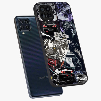 Die Young Glass Case displayed in angled mockup highlighting expressive graphic artwork with edgy aesthetic style.