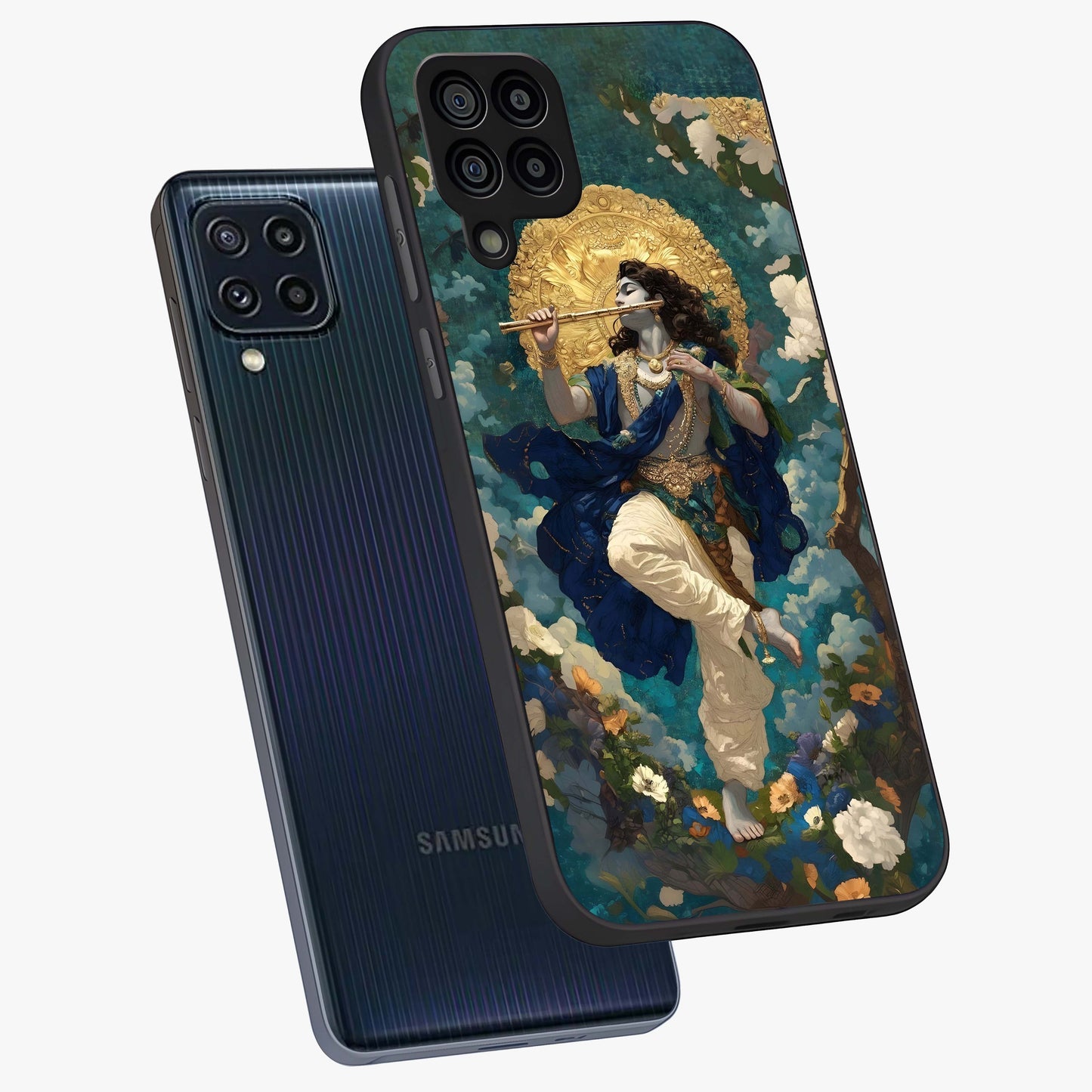 Divine Krishna Art Glass Case displayed in angled mockup highlighting spiritual Krishna illustration with devotional aesthetic.