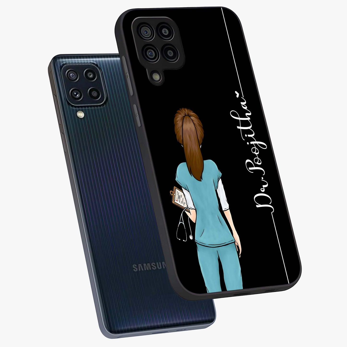 Doctor Pattern Custom Name Glass Case displayed in angled mockup highlighting doctor inspired artwork with custom name feature.