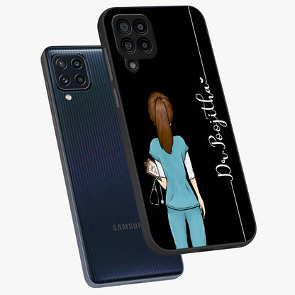 Doctor Pattern Custom Name Glass Case displayed in angled mockup highlighting doctor inspired artwork with custom name feature.