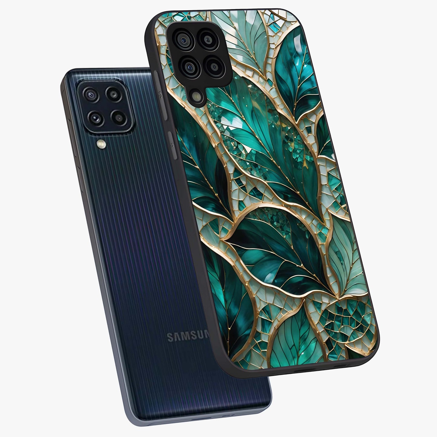 Emerald Leaf Glass Glass Case displayed in angled mockup highlighting botanical leaf illustration with elegant natural aesthetic.