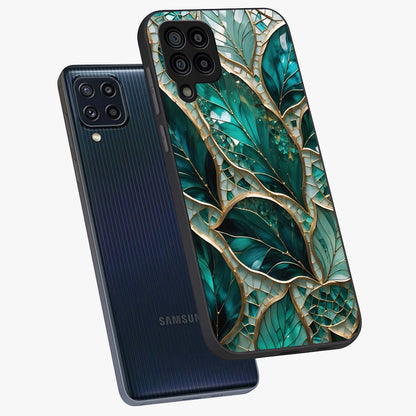 Emerald Leaf Glass Glass Case displayed in angled mockup highlighting botanical leaf illustration with elegant natural aesthetic.