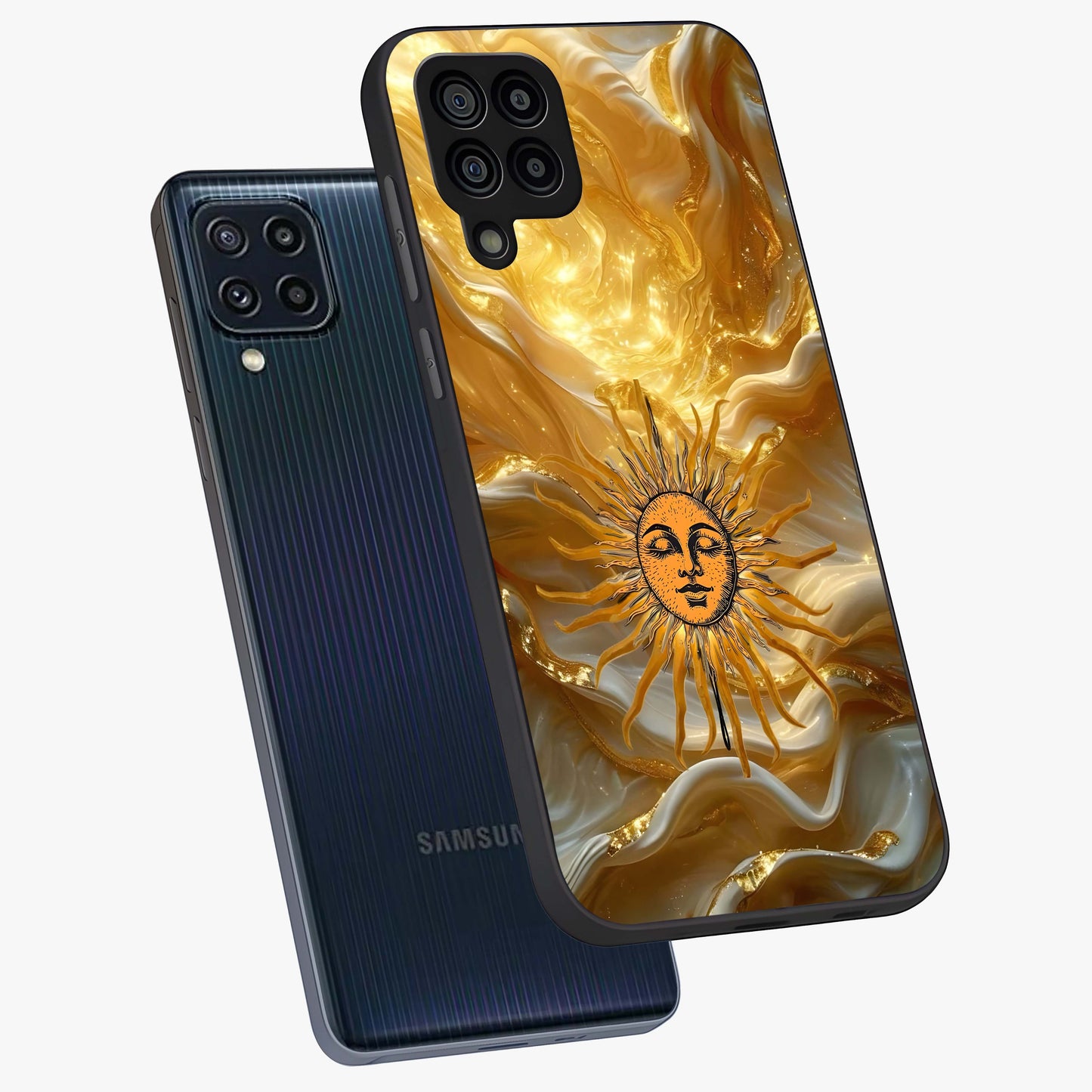 Eternal Golden Glow Glass Case displayed in angled mockup highlighting glowing golden aesthetic design with elegant style.
