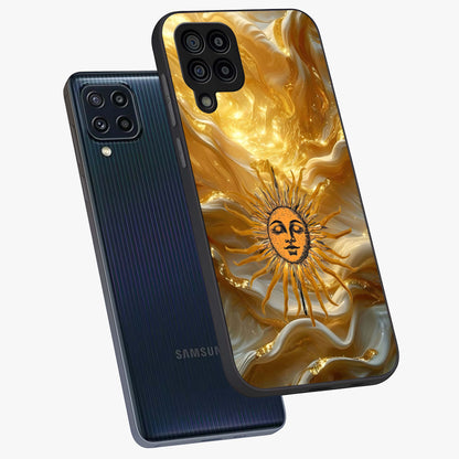 Eternal Golden Glow Glass Case displayed in angled mockup highlighting glowing golden aesthetic design with elegant style.