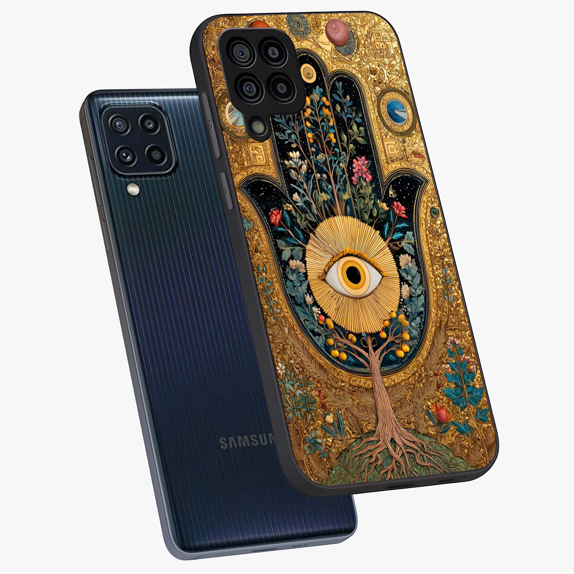 Ethereal Evil Eye Glass Case displayed in angled mockup highlighting protective evil eye symbol with spiritual aesthetic design.