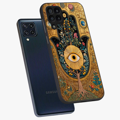 Ethereal Evil Eye Glass Case displayed in angled mockup highlighting protective evil eye symbol with spiritual aesthetic design.