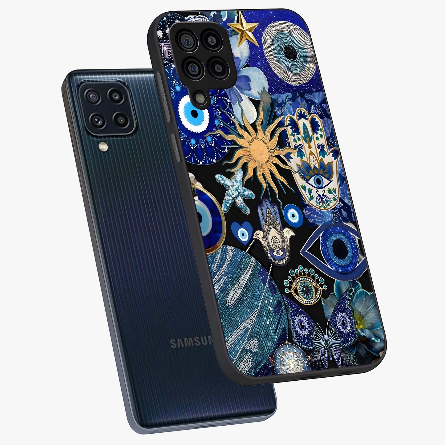 Evil Eye Charm Mix Glass Case displayed in angled mockup highlighting protective evil eye symbols with spiritual aesthetic design.