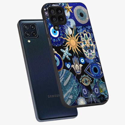 Evil Eye Charm Mix Glass Case displayed in angled mockup highlighting protective evil eye symbols with spiritual aesthetic design.