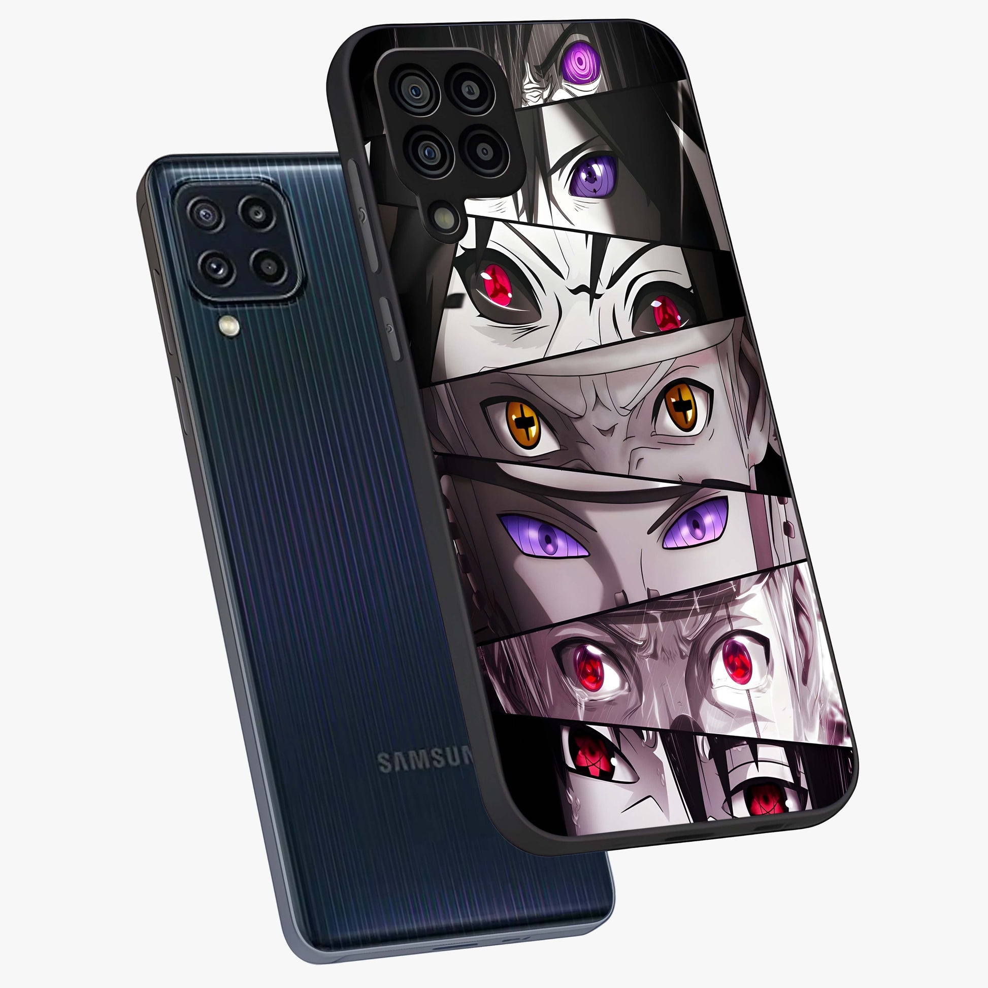 Eyes of Destiny Glass Case displayed in angled mockup highlighting bold eye illustration with mystical aesthetic style.